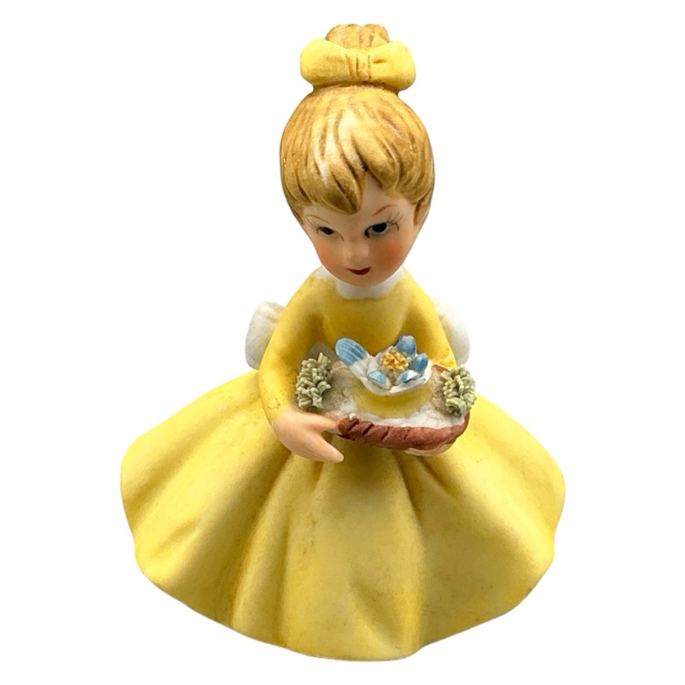 Vintage Napcoware Ceramic Girl Mini Figurine Yellow Dress 3" Tall Blue Flower